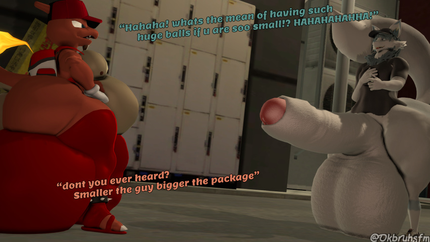 16:9 3d_(artwork) anthro balls big_balls big_butt big_penis bulge butt charles_charmeleon clothing dialogue digital_media_(artwork) duo english_text genitals hi_res huge_balls huge_butt huge_penis male ok_bruh penis public public_nudity short_stack size_difference small_dom_big_sub source_filmmaker text thick_thighs vicente_(okbruh) widescreen