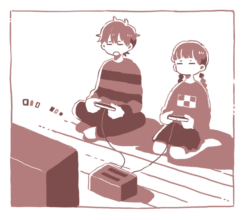 1boy 1girl :o border braid closed_eyes controller crossover full_body game_console game_controller highres holding holding_controller holding_game_controller indian_style jack-o'_ran-tan long_sleeves low_twin_braids madotsuki mochi_(fayo) monochrome no_mouth open_mouth pants playing_games print_shirt red_theme seiza shirt short_hair simple_background sitting skirt striped striped_shirt television twin_braids white_background wooden_floor yume_nikki