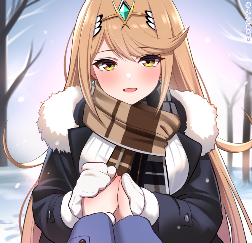 blonde_hair fur-trimmed_jacket fur_trim highres holding_hands jacket long_hair looking_at_viewer mythra_(xenoblade) namu_(112namu) open_mouth pov pov_hands scarf smile swept_bangs winter winter_clothes xenoblade_chronicles_(series) xenoblade_chronicles_2 yellow_eyes