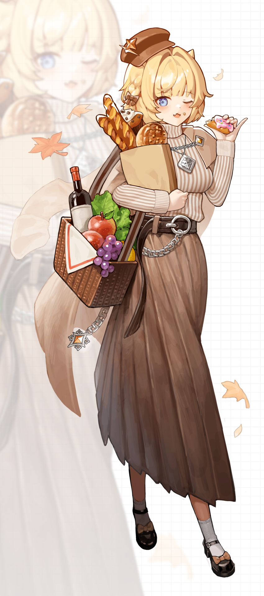 absurdres apple baguette basket beret black_footwear blonde_hair bottle bread bread_bun brown_dust_2 crumbs doughnut falling_leaves food fruit grapes hair_ornament hat hat_ornament highres holding holding_food jacket jacket_on_shoulders jewelry juro justia_(brown_dust) leaf lettuce long_skirt necklace one_eye_closed pleated_skirt ribbon short_hair skirt small_horns star_(symbol) star_hat_ornament sweater turtleneck turtleneck_sweater wine_bottle zoom_layer