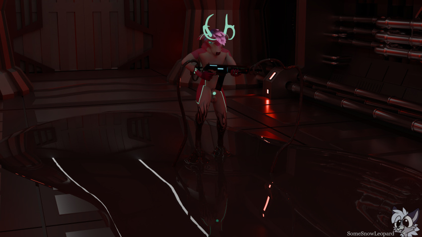 16:9 3d_(artwork) 4k absurd_res alternate_angle animal_genitalia anthro balls bioluminescence bioluminescent_penis blender_(software) blender_cycles deer digital_media_(artwork) digitigrade genitals glowing glowing_genitalia glowing_horn glowing_markings glowing_penis gun hallway hi_res horn latex liquid_latex male mammal markings nude nude_anthro nude_male penis questionable_consent ranged_weapon restrained rifle science_fiction sheath solo solo_focus somesnowleopard surprise tentacles transformation weapon widescreen