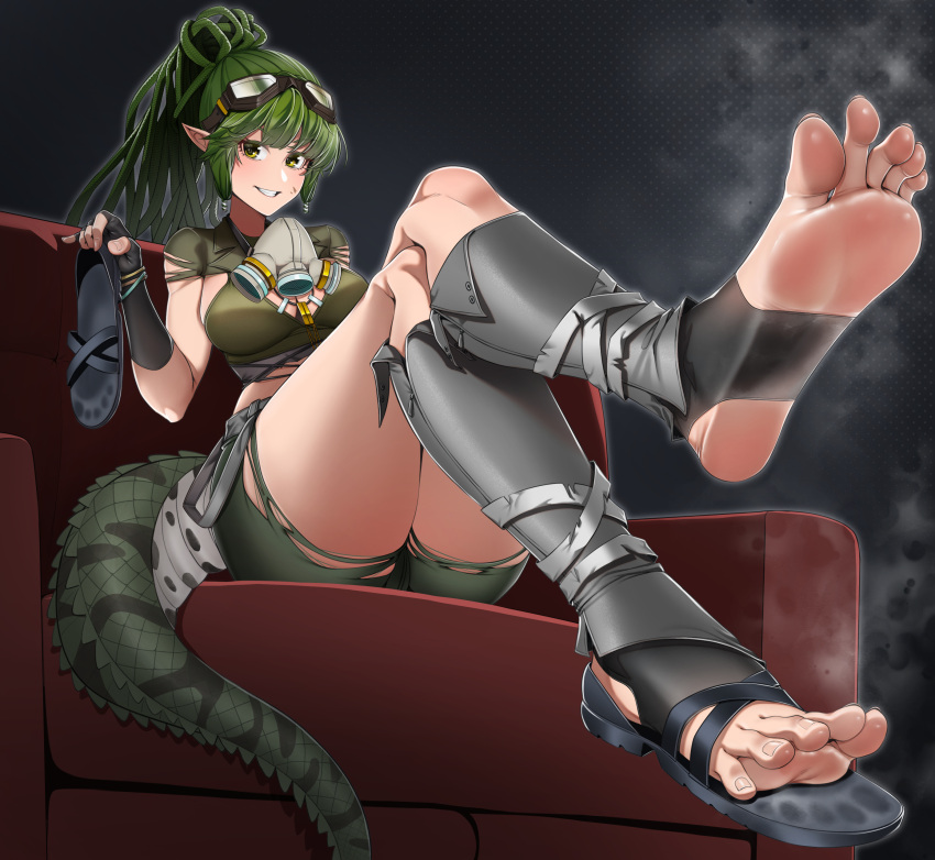 1girl absurdres arknights crocodilian_tail dorsiflexion feet fingerless_gloves foot_focus foreshortening gavial_(arknights) gavial_the_invincible_(arknights) gloves green_hair green_tail grin highres holding holding_shoes legs looking_at_viewer no_shoes pointy_ears ponytail presenting_foot sandals shoes single_shoe smell smile soles solo spread_toes steaming_body stirrup_legwear tail toeless_legwear toenails toes tsa