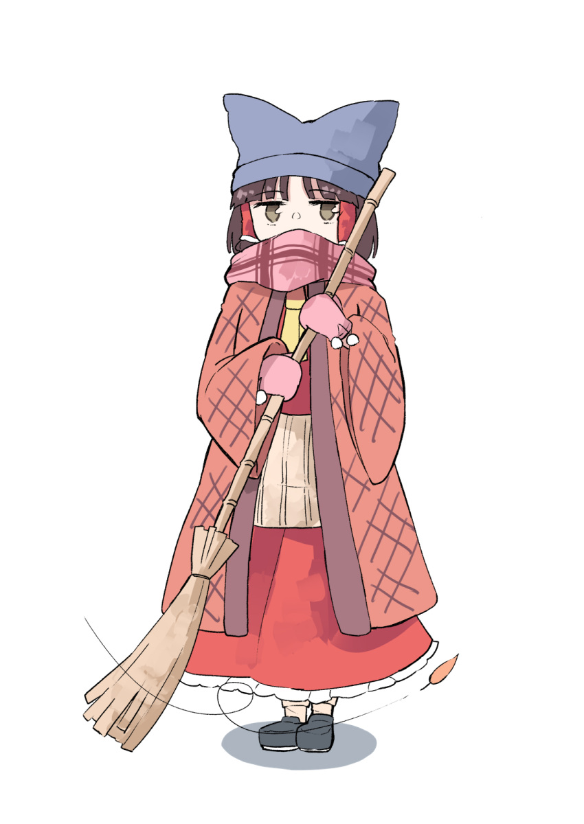 1girl ascot black_footwear black_hair blue_headwear broom deetamu full_body hakurei_reimu hat highres holding holding_broom leaf long_sleeves mittens pink_mittens pink_scarf pom_pom_(clothes) red_skirt scarf shoes short_hair simple_background skirt solo standing touhou white_background wide_sleeves yellow_ascot yellow_eyes