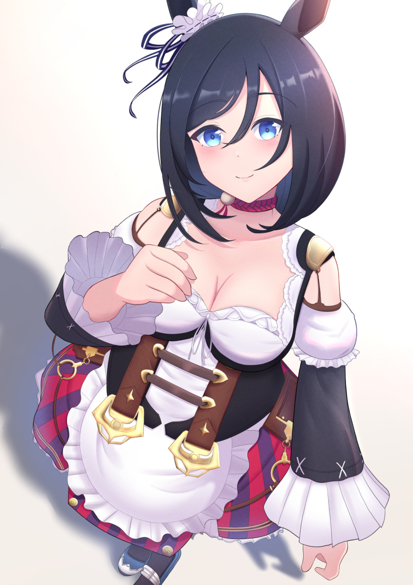 1girl animal_ears apron black_hair black_sleeves black_thighhighs blouse blue_eyes blue_footwear bob_cut breasts choker cleavage commentary_request detached_sleeves dirndl ear_scrunchie eishin_flash_(umamusume) frilled_apron frilled_sleeves frills from_above german_clothes hair_between_eyes highres horse_ears horse_girl horse_tail large_breasts long_sleeves looking_at_viewer miniskirt missan_sun partial_commentary red_choker red_skirt scrunchie shirt short_hair skirt smile solo striped striped_skirt swept_bangs tail thighhighs umamusume vertical-striped_skirt vertical_stripes white_apron white_scrunchie white_shirt