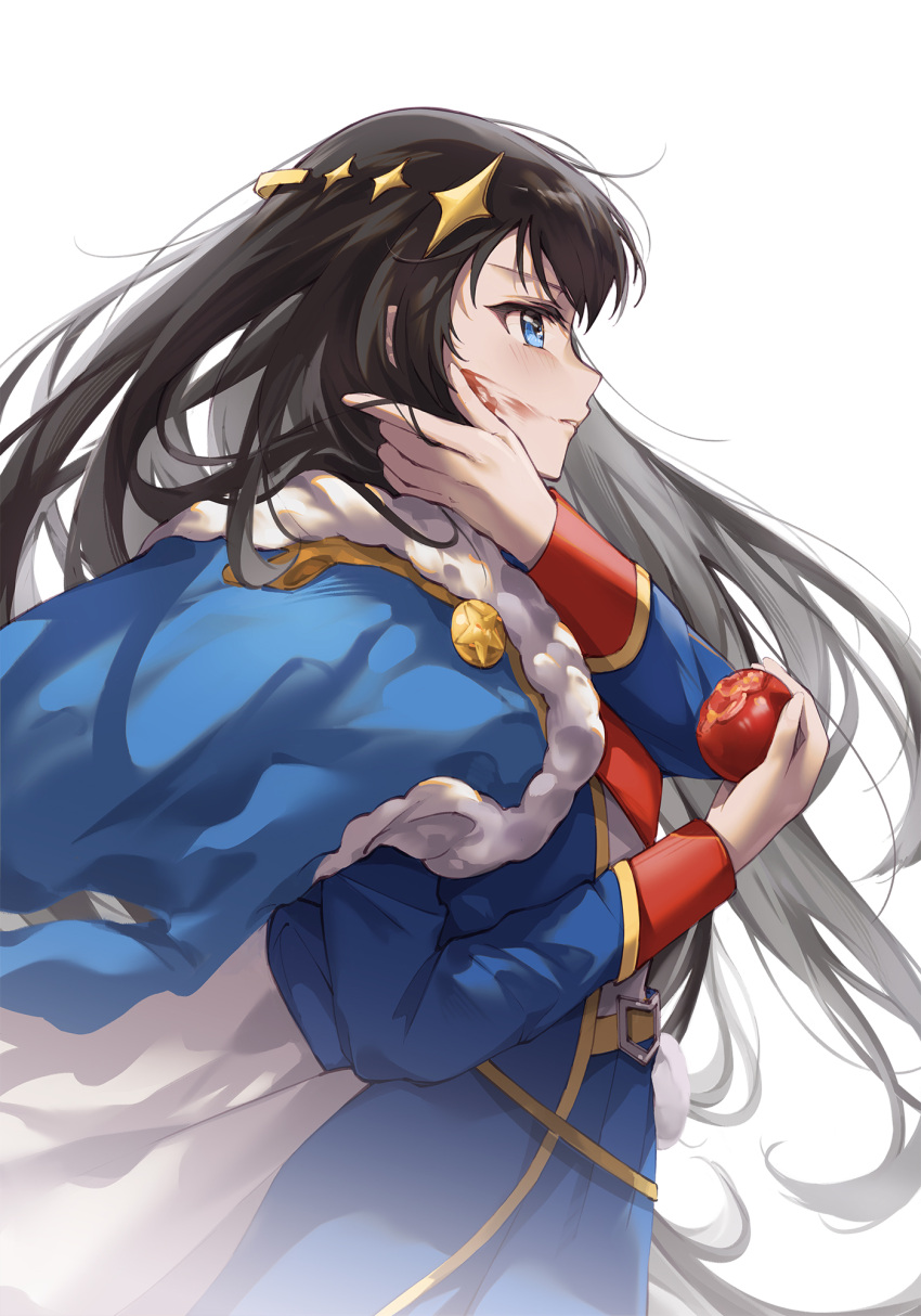 1girl belt belt_buckle black_hair blue_eyes blue_jacket blue_skirt buckle cowboy_shot floating_hair food food_bite food_on_face from_side fur-trimmed_jacket fur_trim hair_ornament hand_on_own_cheek hand_on_own_face hands_up hcl_(hsiehdrew) highres holding holding_food holding_vegetable jacket jacket_on_shoulders kagura_hikari light_blush long_hair long_sleeves looking_ahead parted_lips pleated_skirt profile red_sash sash shoujo_kageki_revue_starlight shoulder_sash simple_background skirt smearing solo sparkle_hair_ornament standing tomato vegetable very_long_hair waist_cape white_background yellow_belt