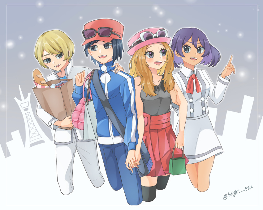 2boys 2girls bag baguette black_hair blonde_hair blue_jacket bread calem_(pokemon) cropped_legs dark-skinned_female dark_skin dexio_(pokemon) eyewear_on_headwear food grey_eyes highres holding_hands jacket light_brown_hair looking_at_another multiple_boys multiple_girls nail_polish paper_bag pokemon pokemon_xy purple_hair rain_(tonight_862) serena_(pokemon) shopping_bag sina_(pokemon) sunglasses