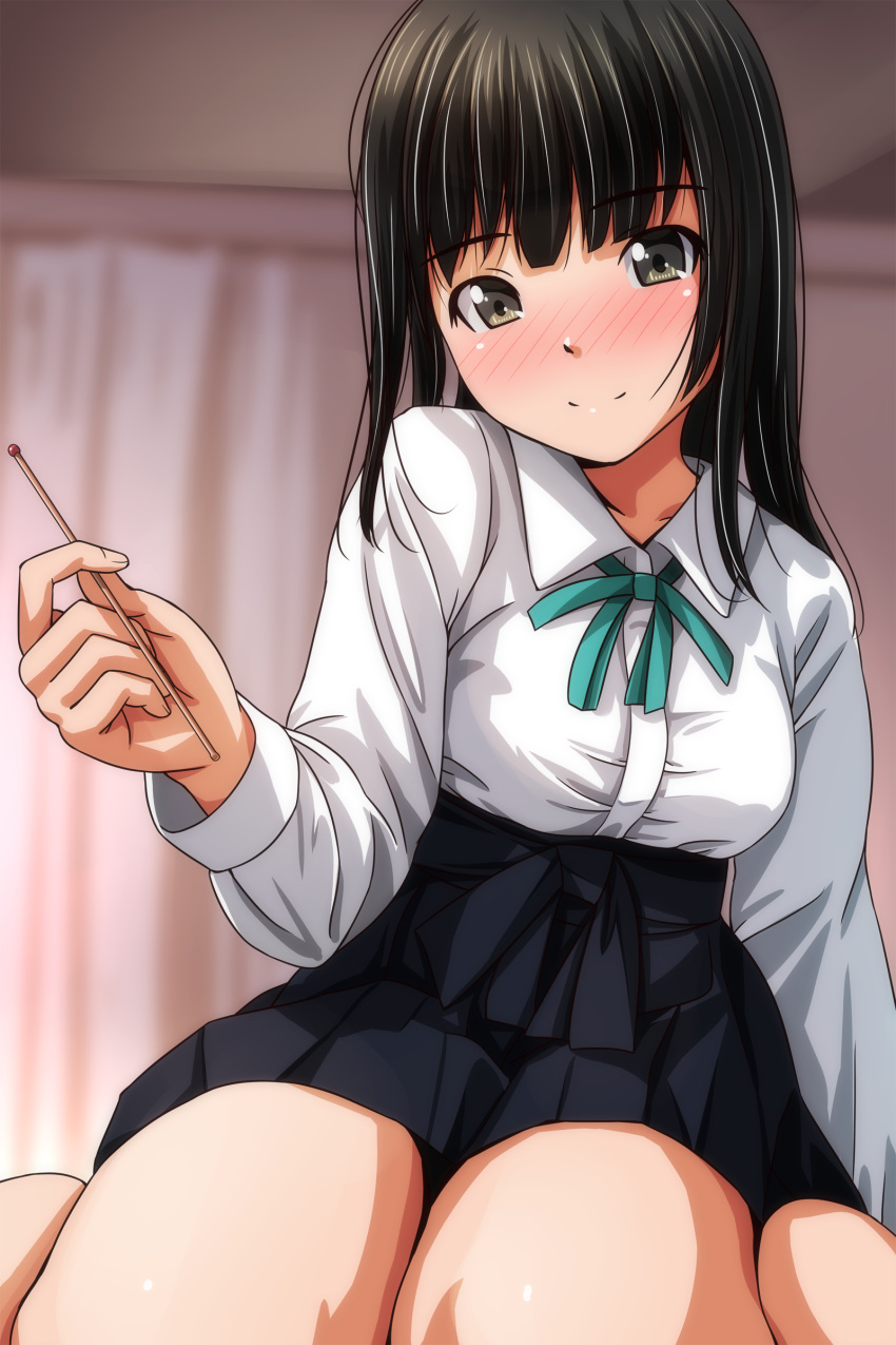 1girl absurdres black_hair black_skirt blurry blurry_background blush breasts brown_hair collarbone collared_shirt curtains highres indoors long_hair long_sleeves looking_at_viewer matsunaga_kouyou medium_breasts mimikaki original school_uniform shirt shirt_tucked_in sidelocks sitting skirt smile solo thighs white_shirt