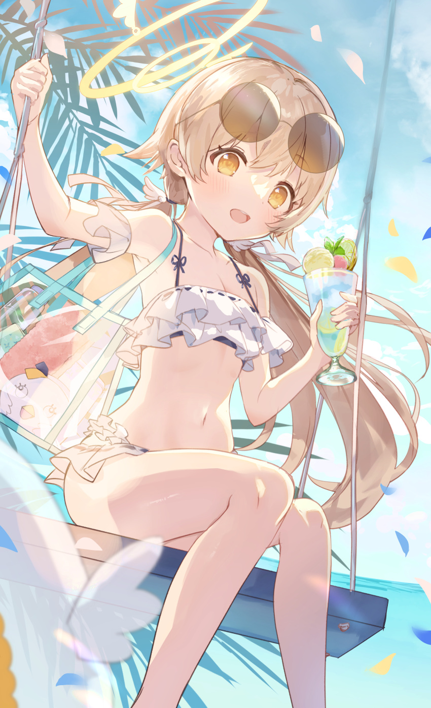 1girl absurdres bare_legs bare_shoulders bikini blue_archive blush collarbone day eyewear_on_head feet_out_of_frame flat_chest food frilled_bikini frills halo hifumi_(blue_archive) hifumi_(swimsuit)_(blue_archive) highres holding light_brown_hair long_hair navel official_alternate_costume open_mouth outdoors peroro_(blue_archive) round_eyewear sitting solo sunglasses swimsuit ume_(plumblossom) white_bikini yellow_eyes yellow_halo