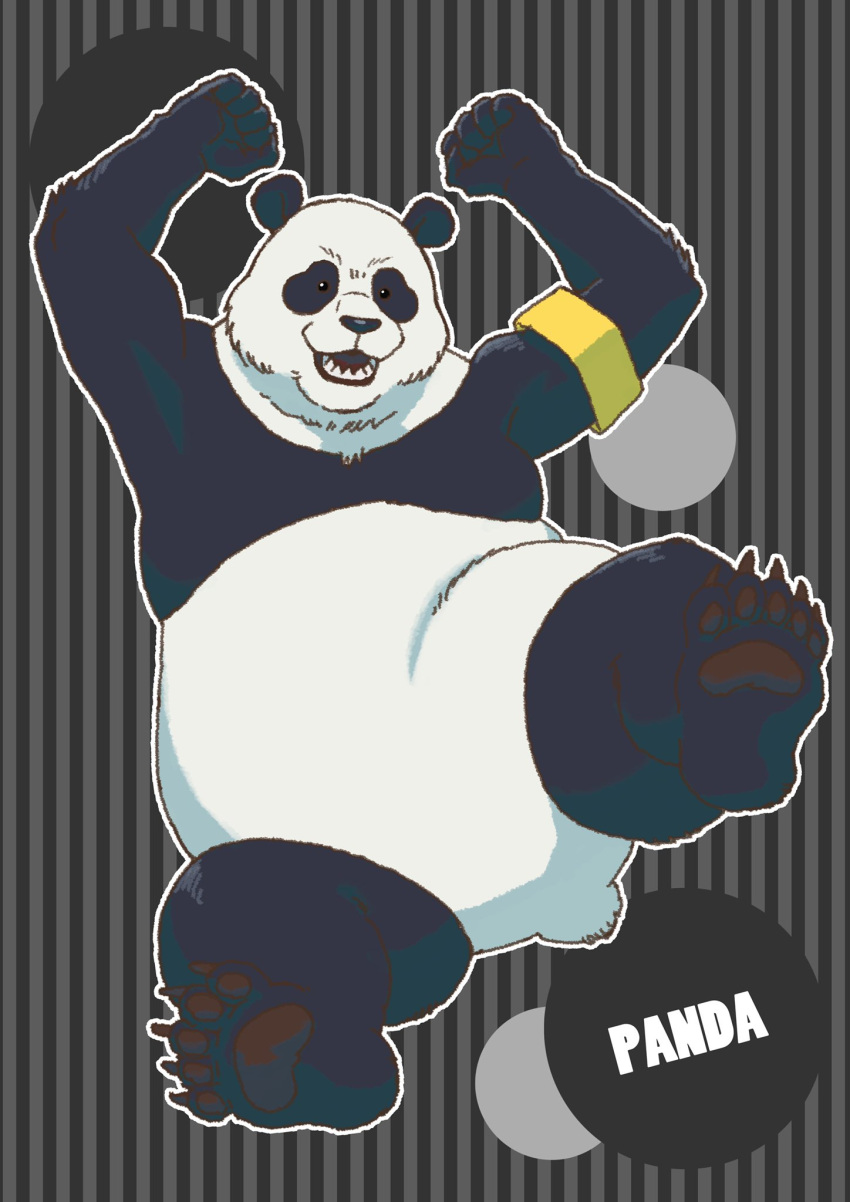 1boy animal_ears armband character_name claws clenched_hands commentary emboss fat furry furry_male highres jujutsu_kaisen looking_at_viewer male_focus open_mouth panda_(jujutsu_kaisen) panda_boy panda_ears panda_tail pawpads sharp_teeth striped striped_background symbol-only_commentary teeth yellow_armband