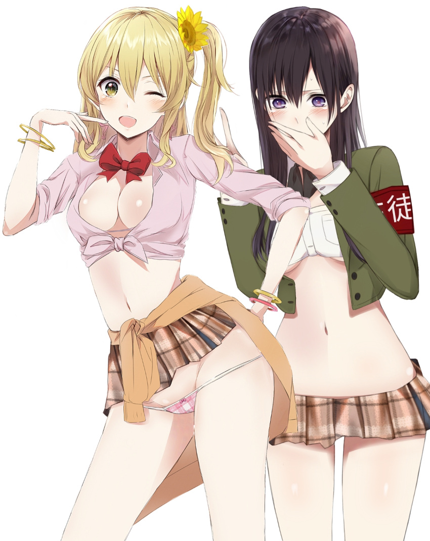 aihara_academy_school_uniform aihara_mei aihara_yuzu black_hair blonde_hair blush breasts citrus_(saburouta) clothes_around_waist cropped_jacket ear_blush earrings front-tie_top gangshangguang_(smjy5842) green_eyes highres jewelry long_hair looking_at_viewer medium_breasts miniskirt navel school_uniform skirt thong uniform