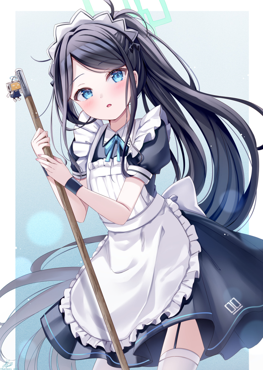 &lt;key&gt;_(robot)_(blue_archive) 1girl absurdly_long_hair apron aris_(blue_archive) aris_(maid)_(blue_archive) black_dress black_hair blue_archive blue_eyes blue_ribbon blush cowboy_shot dress fingernails frilled_apron frills green_halo halo highres long_hair looking_at_viewer maid maid_apron maid_headdress neck_ribbon official_alternate_costume open_mouth ponytail puffy_short_sleeves puffy_sleeves ribbon sakura_hiyori short_sleeves solo thighhighs very_long_hair white_apron white_thighhighs