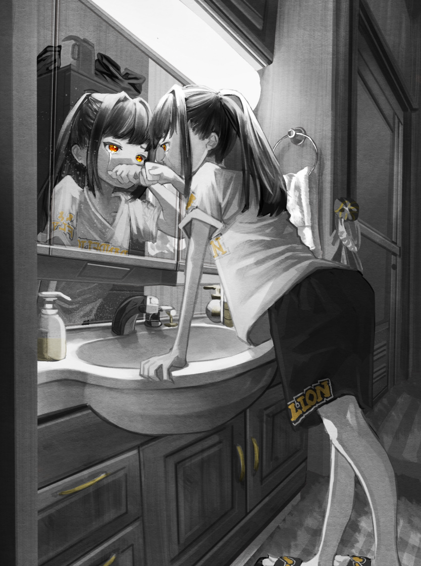 1girl arm_support clothes_writing covering_mouth crying crying_with_eyes_open door faucet greyscale hair_intakes hand_up highres indoors kagenoyuhi leaning_forward long_hair looking_at_mirror mirror monochrome orange_eyes original ponytail shirt short_sleeves shorts sink slippers soap_dispenser solo spot_color standing t-shirt tears