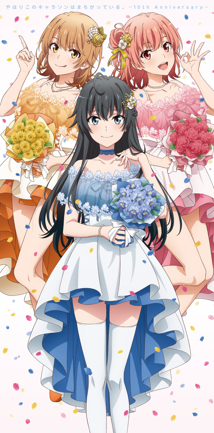 3girls absurdres ahoge bare_shoulders black_hair blonde_hair blue_choker blue_dress blue_eyes blue_flower bouquet bracelet choker closed_mouth collarbone copyright_name dress falling_petals finger_gun flower hair_bun hair_flower hair_ornament hand_up highres holding holding_bouquet isshiki_iroha jewelry lace lace_choker long_hair looking_at_viewer multiple_girls necklace official_art ok_sign open_mouth orange_eyes orange_hair pearl_bracelet pearl_necklace petals pink_dress red_flower single_hair_bun single_side_bun thighhighs tongue tongue_out white_thighhighs yahari_ore_no_seishun_lovecome_wa_machigatteiru. yellow_dress yellow_eyes yellow_flower yuigahama_yui yukinoshita_yukino zettai_ryouiki