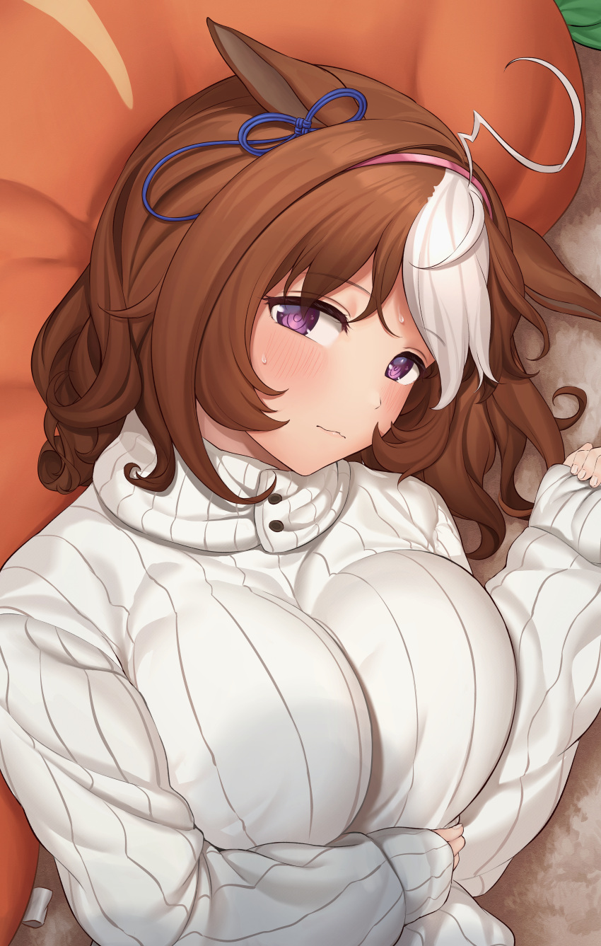 1girl @_@ absurdres ahoge animal_ears blush breasts brown_hair carrot_pillow hairband highres horse_ears hukahito large_breasts meisho_doto_(umamusume) multicolored_hair pink_hairband purple_eyes ribbed_sweater streaked_hair sweat sweater umamusume