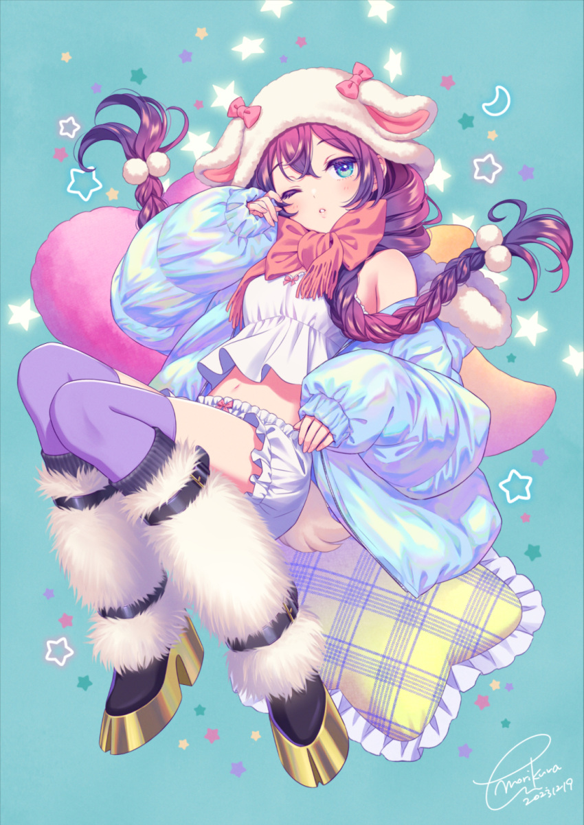 1girl ;o animal_ears animal_hat blue_background blue_jacket braid camisole commentary_request crescent fake_animal_ears frilled_pillow frilled_shirt frills fringe_trim full_body hand_up hat highres jacket long_hair long_sleeves looking_at_viewer low_twintails morikura_en navel off_shoulder one_eye_closed open_clothes open_jacket original parted_lips pillow plaid_pillow puffy_long_sleeves puffy_sleeves purple_hair purple_thighhighs red_scarf scarf shirt short_shorts shorts simple_background sleeves_past_wrists solo starry_background thighhighs twin_braids twintails very_long_hair white_camisole white_headwear white_shorts