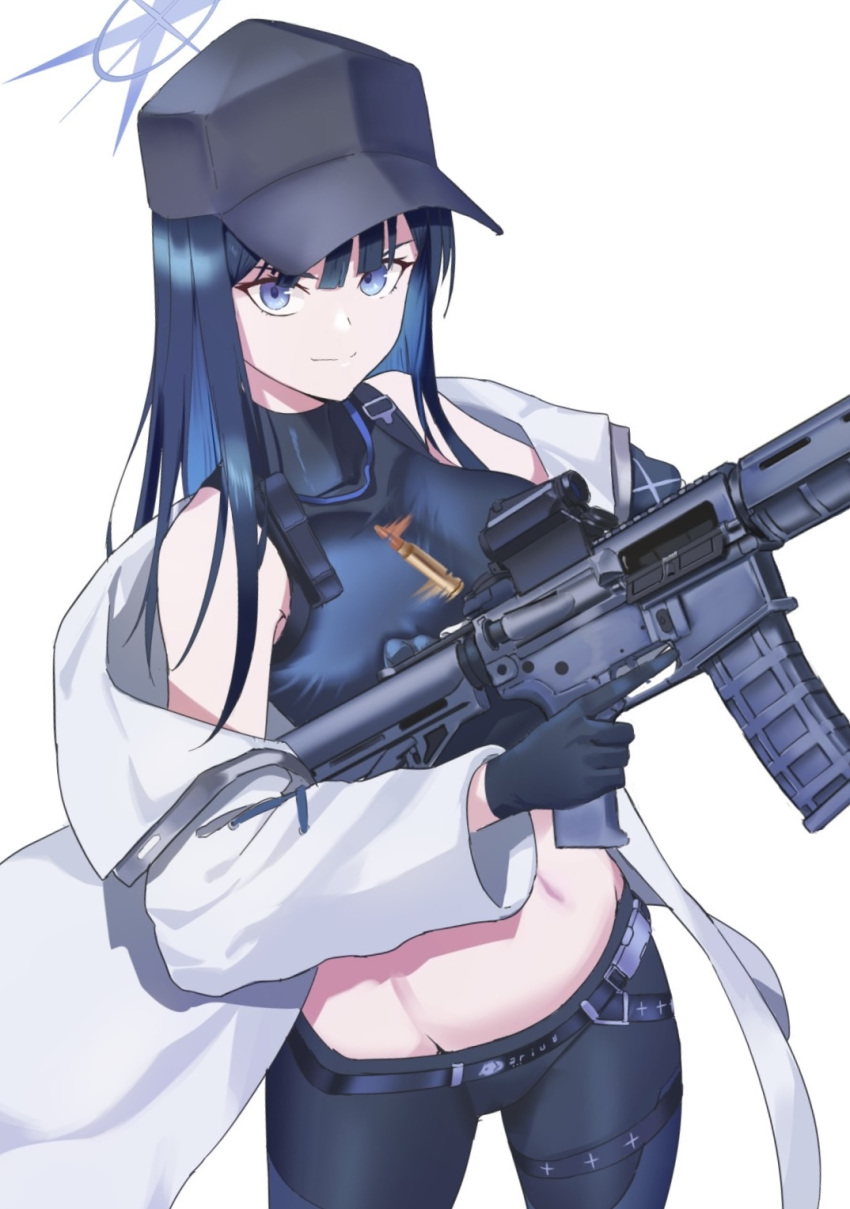 1girl bare_shoulders baseball_cap black_headwear blue_archive blue_eyes blue_gloves blue_headwear blue_pants blue_shirt breasts commentary_request cowboy_shot crop_top gloves gun hat highres holding holding_gun holding_weapon leggings lom_(lom_lom_8) long_hair long_sleeves looking_at_viewer midriff navel pants rifle saori_(blue_archive) shirt simple_background sleeveless sleeveless_shirt smile solo standing stomach thighs weapon white_background