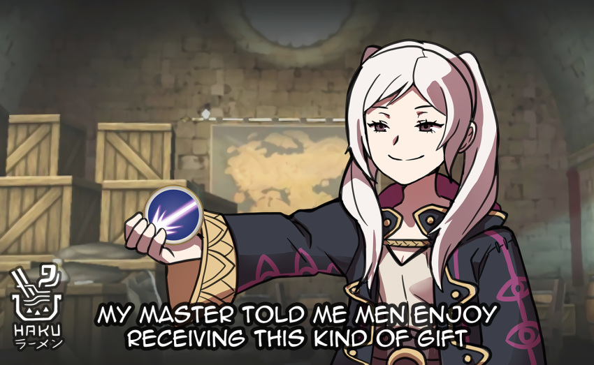 1girl artist_name black_coat coat crate english_commentary english_text fire_emblem fire_emblem_awakening grin hair_over_shoulder hakuramen indoors long_hair long_sleeves meme open_clothes open_coat outstretched_arm robin_(female)_(fire_emblem) robin_(fire_emblem) scene_reference smile solo sousou_no_frieren stone_wall subtitled twintails white_hair you_can_just_give_this_kind_of_thing_to_men_and_they_will_be_thrilled_(meme)
