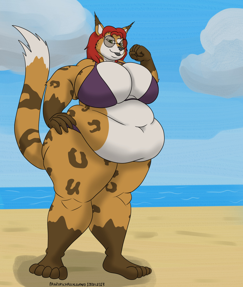2023 absurd_res anthro beach belly big_belly big_breasts bikini breasts brown_body brown_fur canid canine canis clothing cloud colored deep_navel dipstick_ears dipstick_limbs dipstick_tail domestic_dog eyewear felid feline female fur green_eyes hair hi_res hunting_dog lynx mammal markings multicolored_ears musclegut navel obese obese_female overweight overweight_female panzerschreckleopard purple_bikini purple_clothing purple_swimwear red_hair riley_o'shane saluki sea seaside sighthound solo sunglasses swimwear tail tail_markings tan_body tan_fur water wide_hips