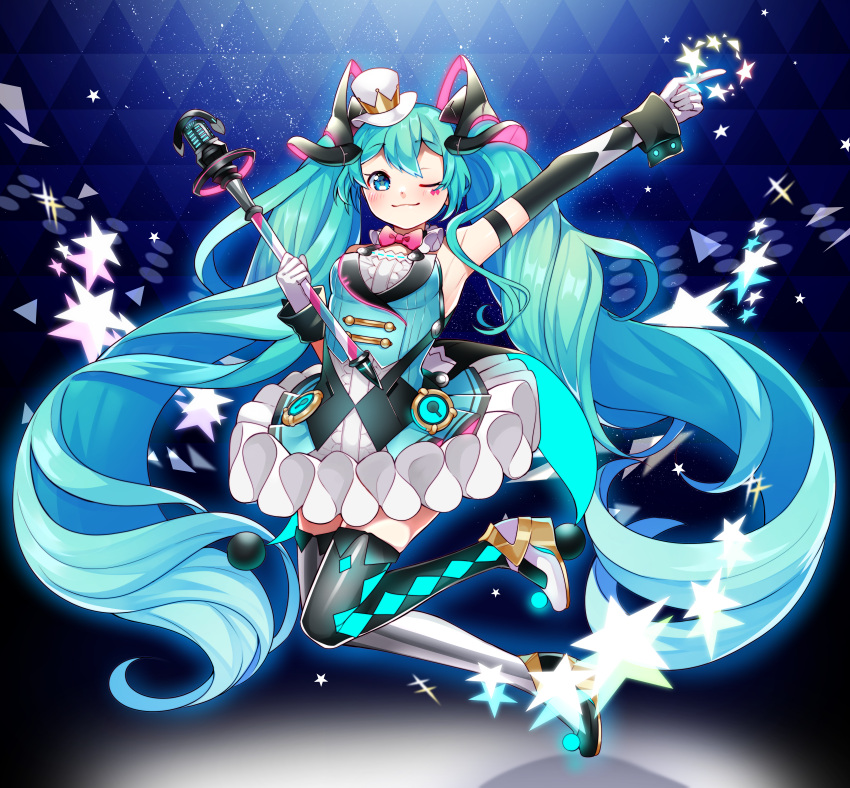 1girl :3 absurdres argyle_thighhighs arm_up asymmetrical_legwear blue_eyes blue_hair blush bow bowtie breasts diamond_facial_mark dress facial_mark full_body gloves hair_ornament hat hatsune_miku highres holding holding_wand layered_dress long_hair magical_mirai_miku magical_mirai_miku_(2019) masumofu microphone mini_hat mini_top_hat mismatched_legwear one_eye_closed sleeveless sleeveless_dress small_breasts smile solo star_(symbol) thighhighs top_hat traditional_bowtie tutu very_long_hair vocaloid wand wrist_cuffs