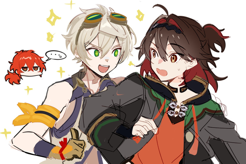 ... 3boys acetylene-lamp ahoge bennett_(genshin_impact) brown_eyes brown_gloves brown_hair choker diluc_(genshin_impact) gaming_(genshin_impact) genshin_impact gloves goggles goggles_on_head green_eyes grey_hair hair_between_eyes hair_intakes hairband highres jacket mole mole_on_neck multicolored_hair multiple_boys open_clothes open_jacket open_mouth ponytail red_hair simple_background sketch sparkle white_background