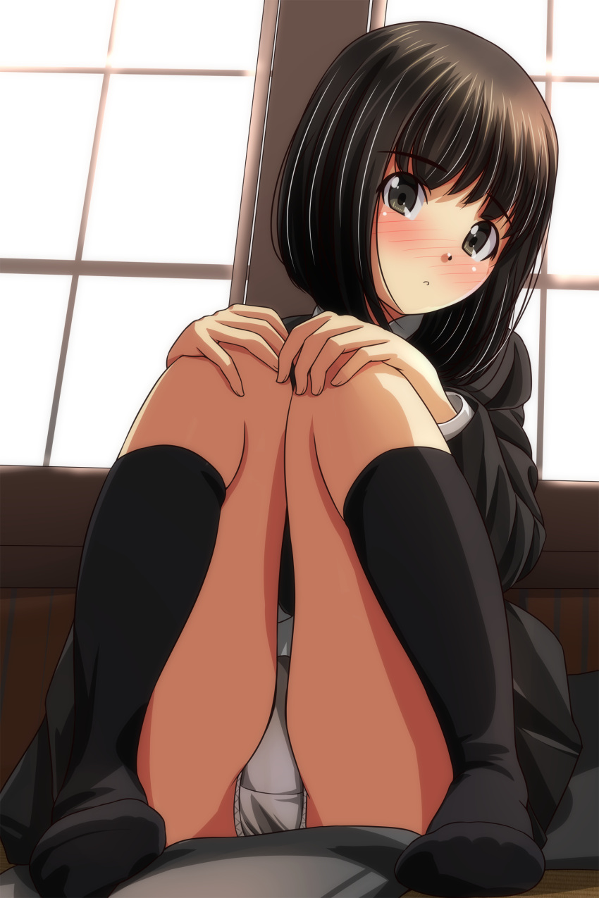 1girl absurdres ass black_eyes black_hair black_jacket black_skirt black_socks blush closed_mouth highres indoors jacket knees_up looking_at_viewer matsunaga_kouyou on_floor original panties school_uniform short_hair sitting skirt socks solo thighs underwear white_panties window