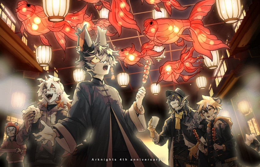 1girl 4boys aak_(arknights) animal_ears anniversary arknights baozi bear_boy bear_ears braid chinese_clothes cup dragon_boy dragon_horns english_commentary fangs food furry furry_female furry_male happy_anniversary highres holding holding_cup holding_food horns hung_(arknights) jaye_(arknights) lantern lee_(arknights) looking_at_another looking_up mochida_(hyxm) multiple_boys open_mouth paper_lantern signature single_horn smile sparkle tail tanghulu tiger_ears tiger_girl tiger_stripes tiger_tail waai_fu_(arknights)