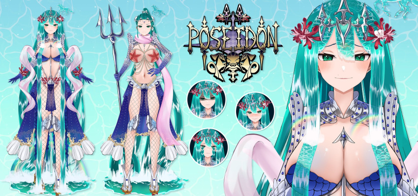 1girl artist_request covered_nipples fishnets green_eyes green_hair highres holding_trident multiple_views mythos_(vtuber) ponytail poseidon_(vtuber) reference_sheet shell