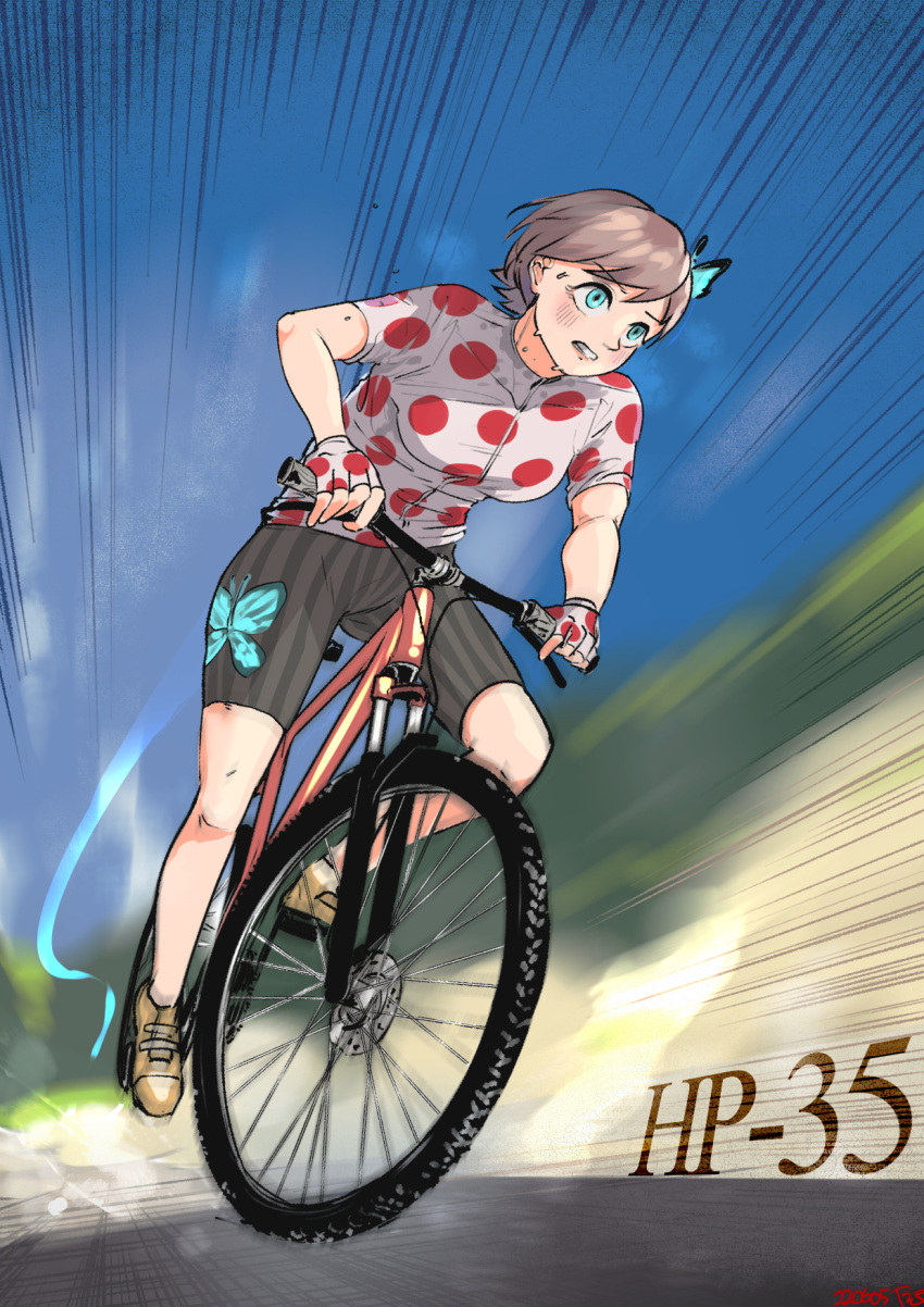 1girl alternate_costume bicycle blue_eyes brown_hair cycling_uniform emphasis_lines girls'_frontline highres hp-35_(girls'_frontline) radish_p riding riding_bicycle short_hair