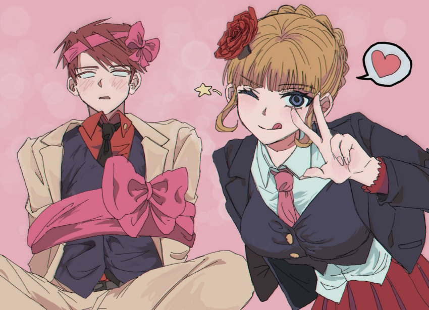 1boy 1girl ;q beatrice_(umineko) black_jacket black_necktie black_vest blonde_hair blunt_bangs blush bound buttons collared_shirt flower grey_pants grey_suit hair_flower hair_ornament jacket looking_at_viewer necktie one_eye_closed open_clothes open_jacket pants pink_background pink_necktie red_flower red_hair red_shirt rxnal0 shirt short_hair sitting smile suit tied_up_(nonsexual) tongue tongue_out umineko_no_naku_koro_ni ushiromiya_battler vest w white_shirt