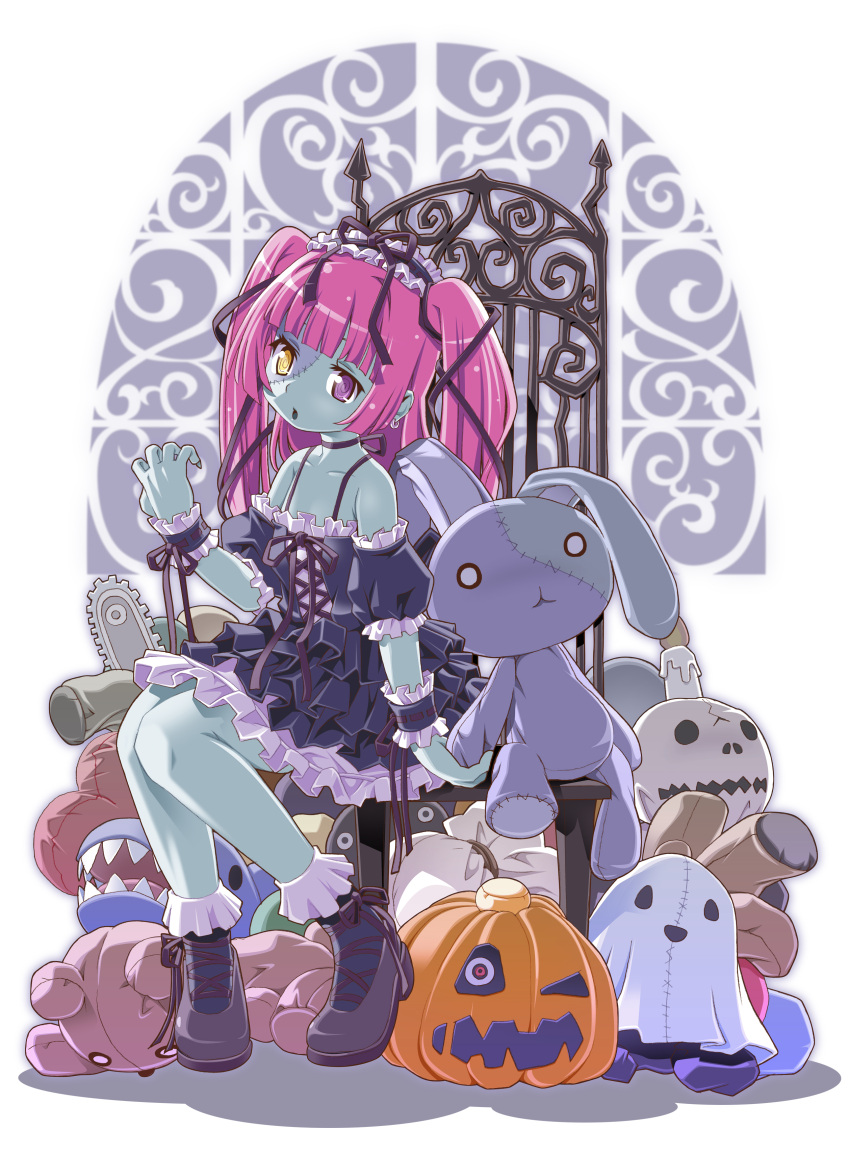 1girl absurdres bear black_dress candle chainsaw chair colored_skin commission dress ghost green_skin headdress heterochromia highres jack-o'-lantern original pink_hair purple_eyes rabbit red_ribbon ribbon shark shoes sitting skeb_commission solo stained_glass stitched_face stitches stuffed_animal stuffed_toy toromi_(toromix2) twintails yellow_eyes zombie