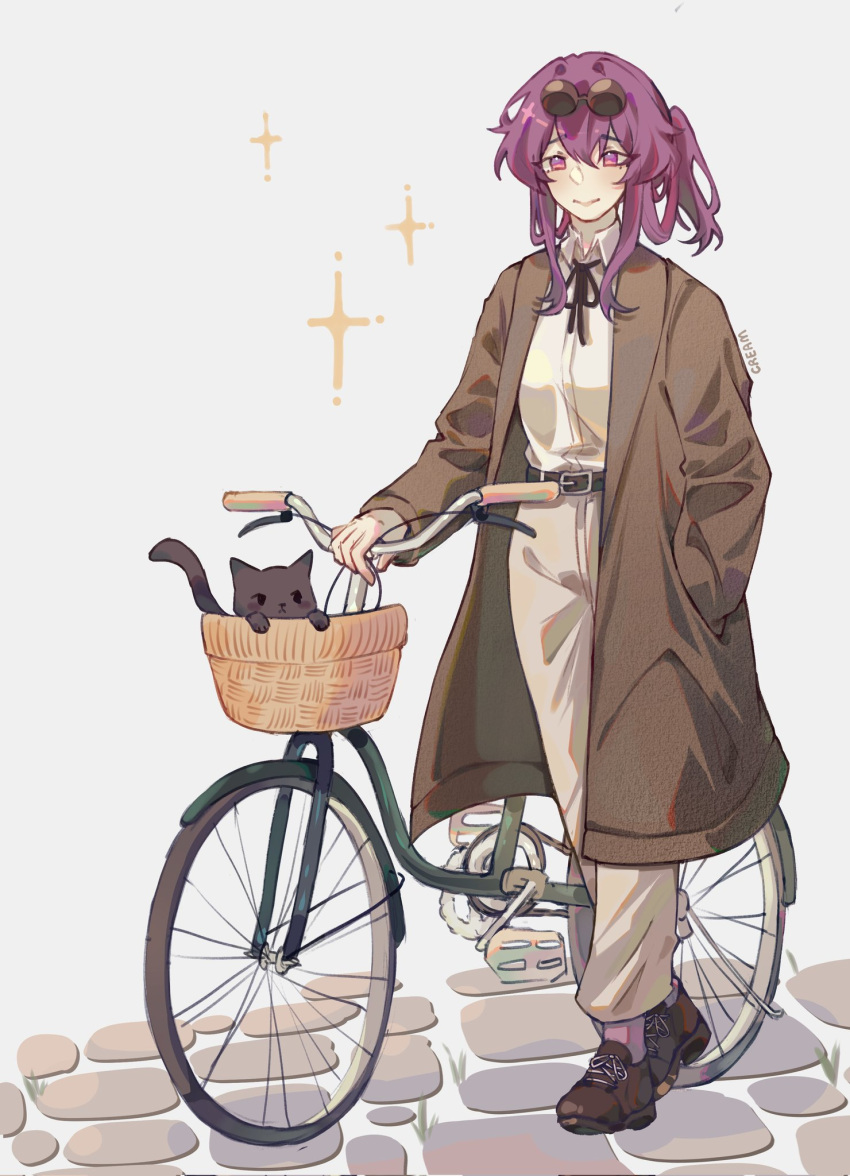 1girl artist_name belt bicycle bicycle_basket black_cat black_ribbon brown_belt brown_coat brown_footwear cat closed_mouth coat collared_shirt eyewear_on_head grey_pants hand_in_pocket highres honkai:_star_rail honkai_(series) in_basket kafka_(honkai:_star_rail) lapels long_sleeves medium_hair neck_ribbon open_clothes open_coat pants pavement pink_eyes ponytail purple_hair ribbon shirt shoes sidelocks simple_background smile solo soufflebune sparkle standing sunglasses walking white_background white_shirt