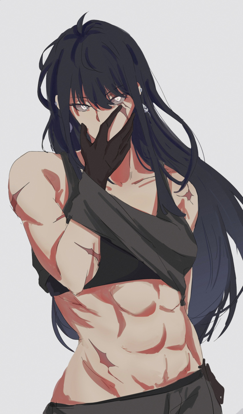 abs black_hair black_tank_top bra earrings hand_on_own_face hand_under_clothes hand_under_shirt highres jewelry kelp_454 long_hair military_vehicle motor_vehicle multiple_scars muscular muscular_female path_to_nowhere rahu_(path_to_nowhere) scar scar_across_eye scar_on_arm scar_on_hip scar_on_shoulder shirt tank tank_top underwear