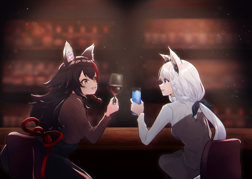 2girls absurdres ahoge animal_ear_fluff animal_ears bar_(place) black_bow black_dress black_hair blurry blurry_background bow braid cocktail commentary_request cup dress drinking_glass earrings fox_ears fox_girl green_eyes hair_between_eyes hair_bow highres holding holding_cup hololive jewelry ku_zam long_hair looking_at_another multiple_girls ookami_mio open_mouth red_hair shirakami_fubuki shirt sidelocks single_braid sitting toasting_(gesture) virtual_youtuber white_hair white_shirt wine_glass wolf_ears wolf_girl yellow_eyes