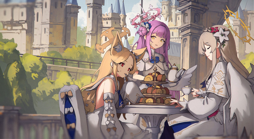 3girls angel_wings animal_ear_fluff animal_ears bare_shoulders bespin blonde_hair blue_archive blush cake capelet closed_eyes closed_mouth day detached_sleeves dress feathered_wings flower food fox_ears hair_bun hair_flower hair_ornament halo light_brown_hair long_hair long_sleeves mika_(blue_archive) multiple_girls nagisa_(blue_archive) open_mouth outdoors pink_flower pink_hair pink_halo purple_flower red_eyes seia_(blue_archive) single_side_bun sleeves_past_fingers sleeves_past_wrists swiss_roll tea_party_(blue_archive) white_capelet white_dress white_flower white_wings wings yellow_eyes yellow_halo