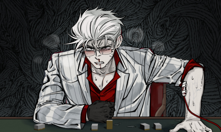 1boy abstract_background akagi:_yami_ni_oritatta_tensai black_eyes black_gloves blazer blood clenched_hand clenched_teeth commentary fukumoto_mahjong gloves grey_background hair_slicked_back hirayama_yukio intravenous_drip jacket looking_at_viewer mahjong mahjong_tile male_focus nosebleed pink-tinted_eyewear red_shirt shirt short_hair single_glove solo ssom_omo striped striped_jacket sunglasses sweat table teeth tinted_eyewear upper_body vertical-striped_jacket vertical_stripes washizu_mahjong white_hair white_jacket