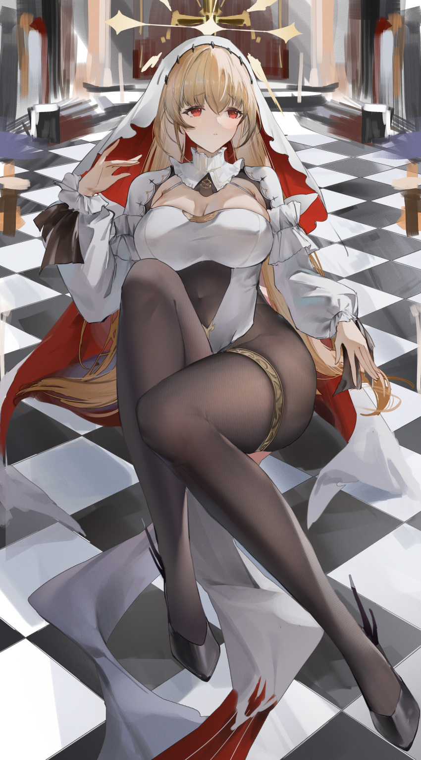 1girl absurdres azur_lane black_footwear black_pantyhose blonde_hair breasts checkered_floor cleavage cleavage_cutout clothing_cutout flantia full_body highres indoors kersaint_(azur_lane) large_breasts long_hair long_sleeves looking_at_viewer lying pantyhose pelvic_curtain puffy_sleeves red_eyes shoes solo stomach_cutout thigh_strap very_long_hair white_veil