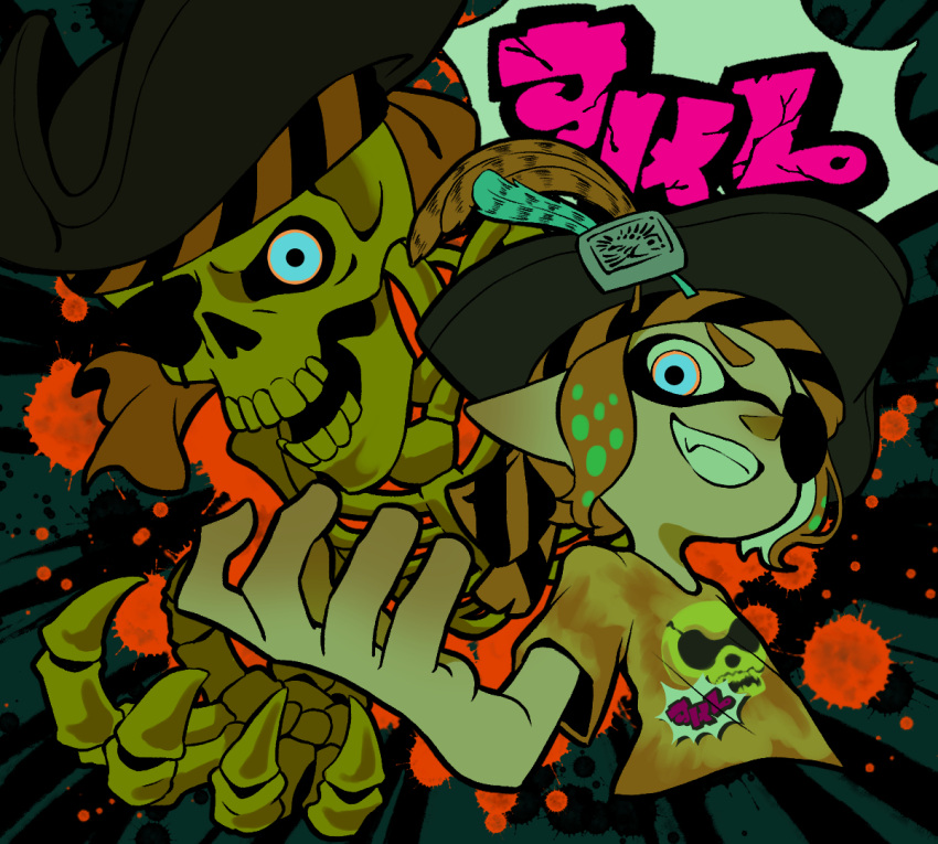 1girl black_headwear blue_eyes eyepatch fang grin hat hat_feather inkling inkling_(language) inkling_girl multicolored_eyes orange_eyes orange_hair orange_shirt paint_splatter pirate_hat pointy_ears shirt short_hair short_sleeves skeleton smile splatoon_(series) splatoon_3 t-shirt teeth tentacle_hair teo_(teorekka) v-shaped_eyebrows