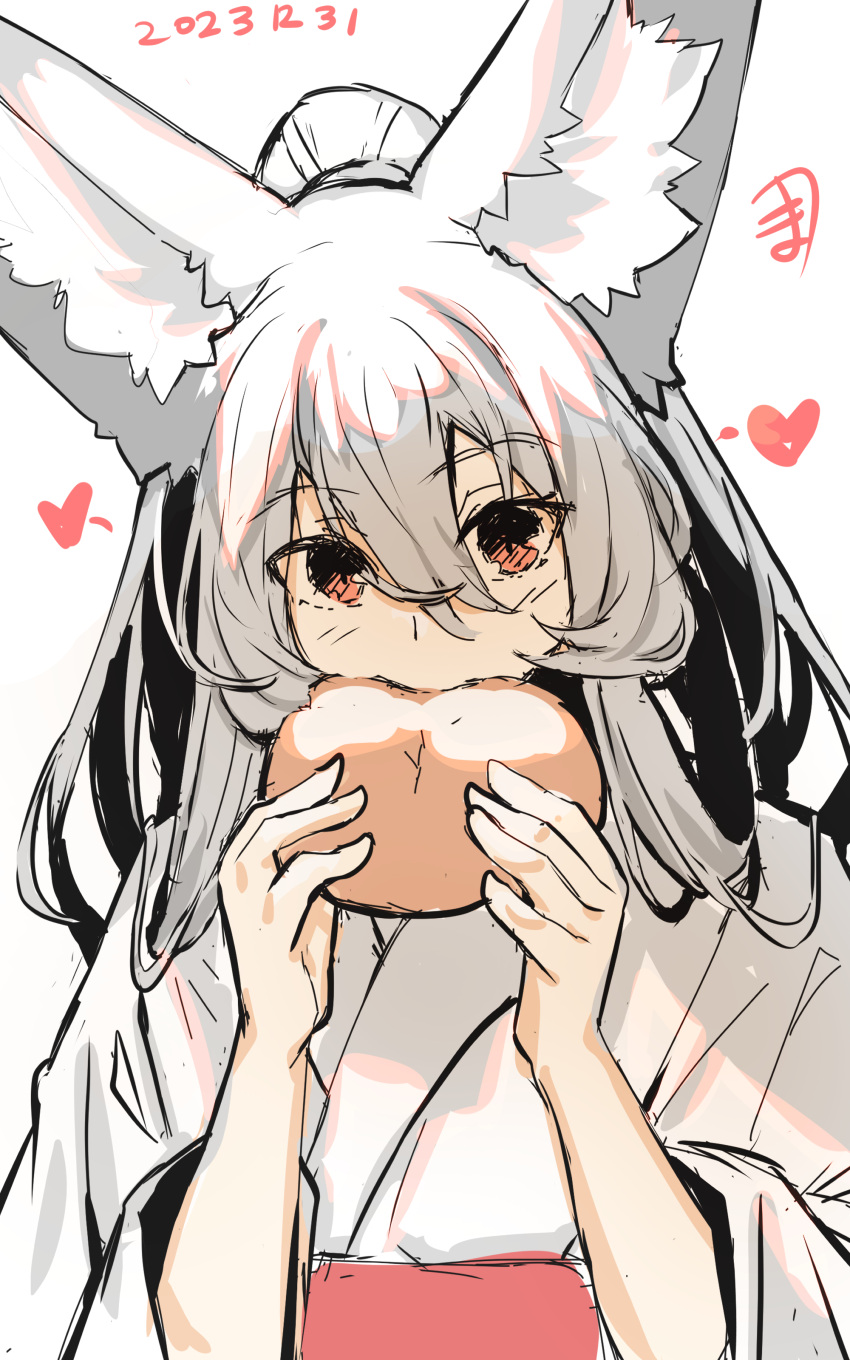 1girl absurdres animal_ear_fluff animal_ears dated eating food fox_ears grey_hair hair_between_eyes hands_up heart highres holding holding_food japanese_clothes kimono long_hair long_sleeves obi original ponytail red_eyes sash simple_background solo white_background white_kimono wide_sleeves yuuji_(yukimimi)