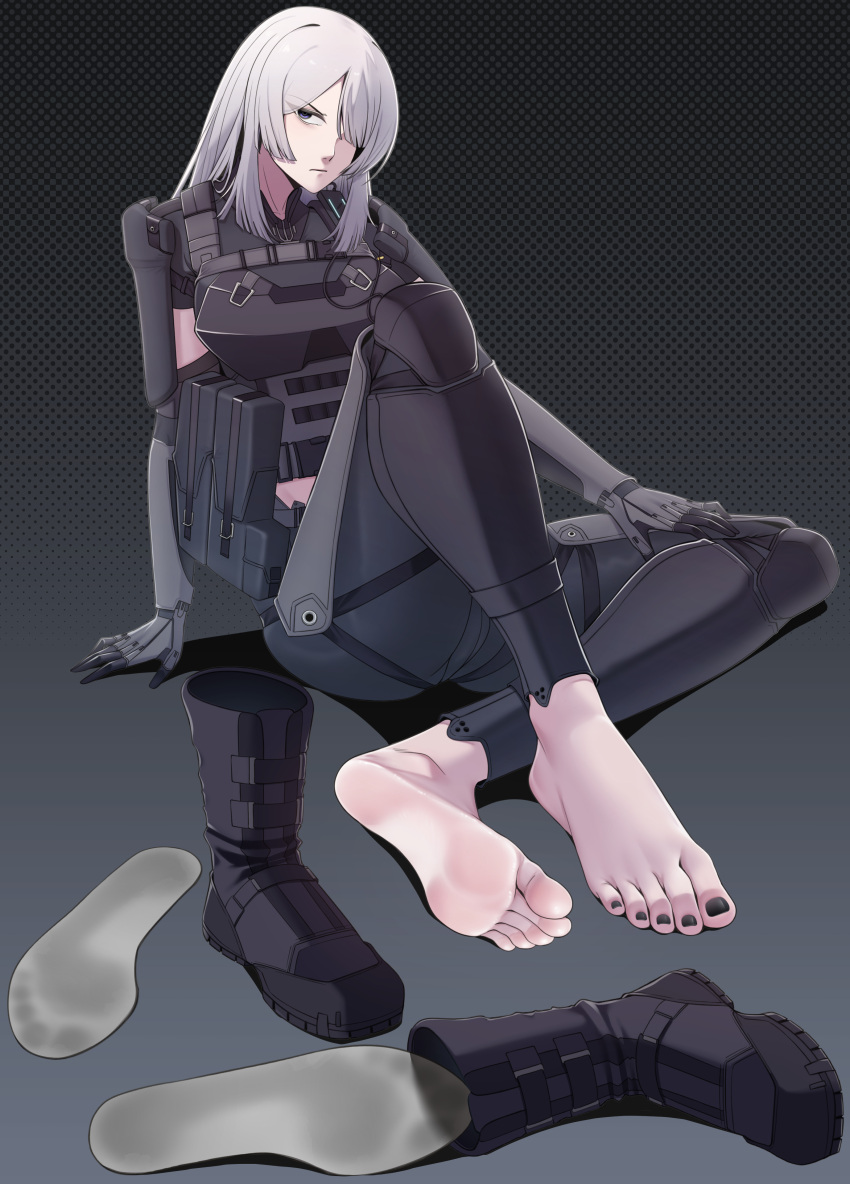 1girl absurdres ak-15_(girls'_frontline) ak-15_(mod3)_(girls'_frontline) barefoot black_footwear black_nails boots bulletproof_vest combat_boots commission feet foot_focus footprints frown girls'_frontline hair_over_one_eye highres knee_up legs long_hair nail_polish shoe_insert sitting soles solo toenail_polish toenails toes tsa unworn_boots unworn_footwear white_hair