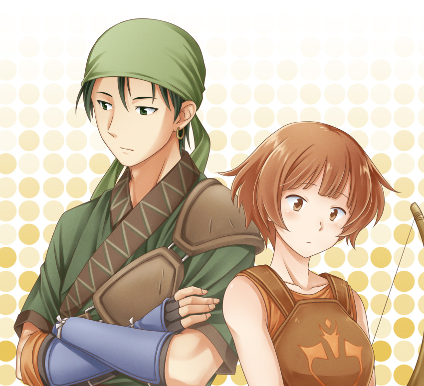 1boy 1girl bandana bow_(weapon) brown_eyes brown_hair crossed_arms dorothy_(fire_emblem) earrings fingerless_gloves fire_emblem fire_emblem:_the_binding_blade gloves green_bandana green_eyes green_hair green_shirt ham_pon highres jewelry orange_shirt shirt sin_(fire_emblem) single_earring sleeveless sleeveless_shirt weapon