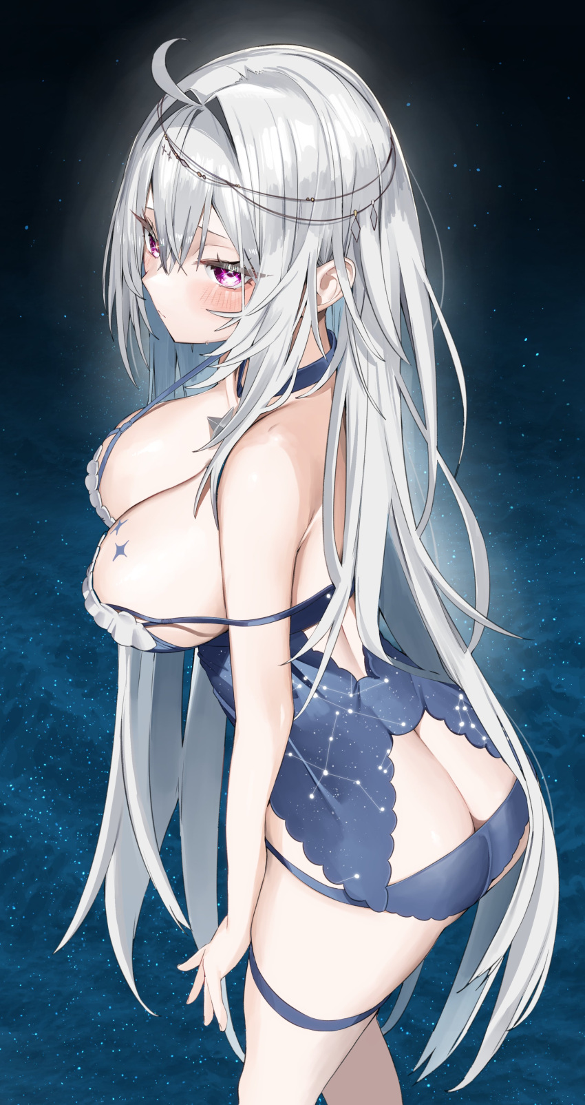 1girl absurdres ass bare_arms bare_shoulders blue_camisole blue_panties blush breasts butt_crack camisole cleavage closed_mouth commentary_request double-parted_bangs feet_out_of_frame from_behind grey_hair hair_between_eyes hair_intakes highres kamioka_shun'ya large_breasts light_particles long_hair looking_at_viewer original panties purple_eyes solo strap_slip thigh_strap underwear very_long_hair white_hair
