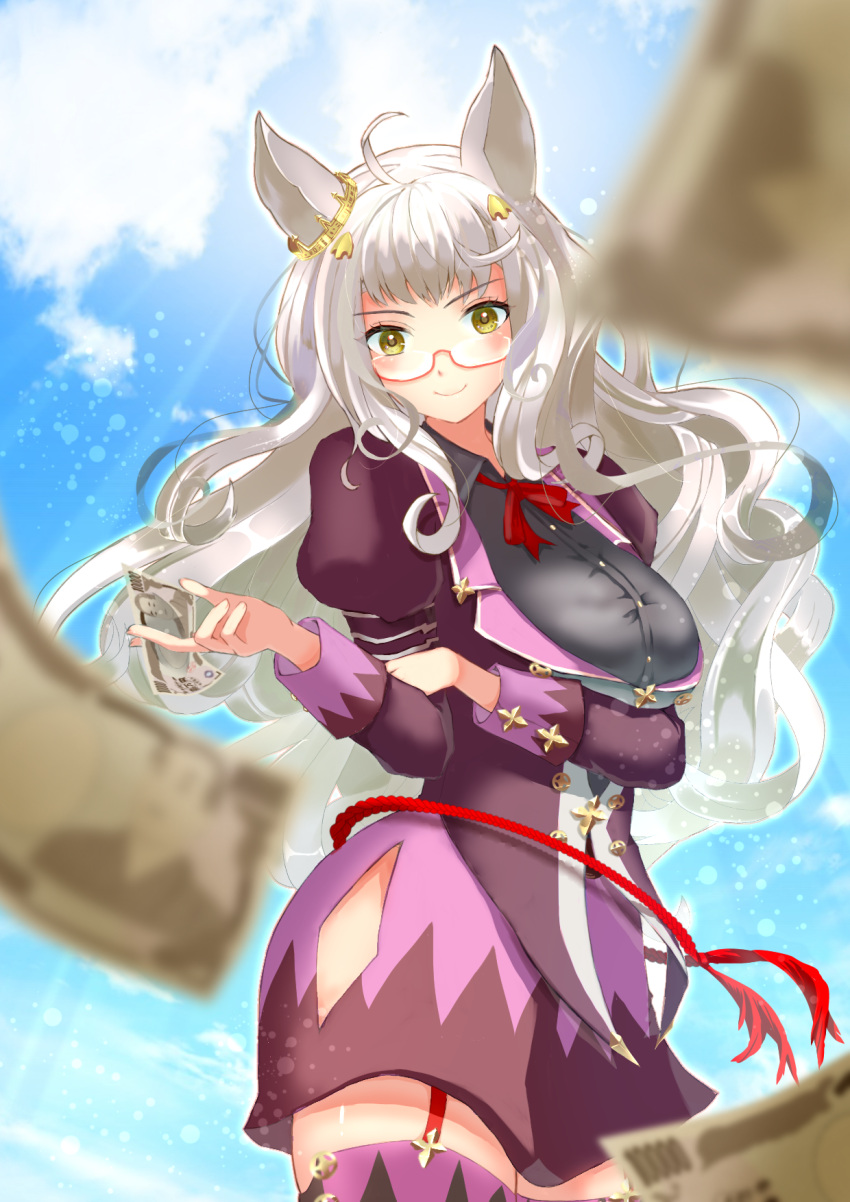 1girl ahoge animal_ears banknote biwa_hayahide_(umamusume) blue_sky bow breasts closed_mouth cloud cloudy_sky commentary_request dress ear_ornament falling_money grey_hair hair_ornament highres holding holding_money horse_ears horse_girl horse_tail juliet_sleeves large_breasts long_hair long_sleeves looking_at_viewer money outdoors puffy_sleeves purple_dress purple_thighhighs red-framed_eyewear red_bow semi-rimless_eyewear sky smile solo tail thighhighs tk_(takodagon) umamusume yellow_eyes