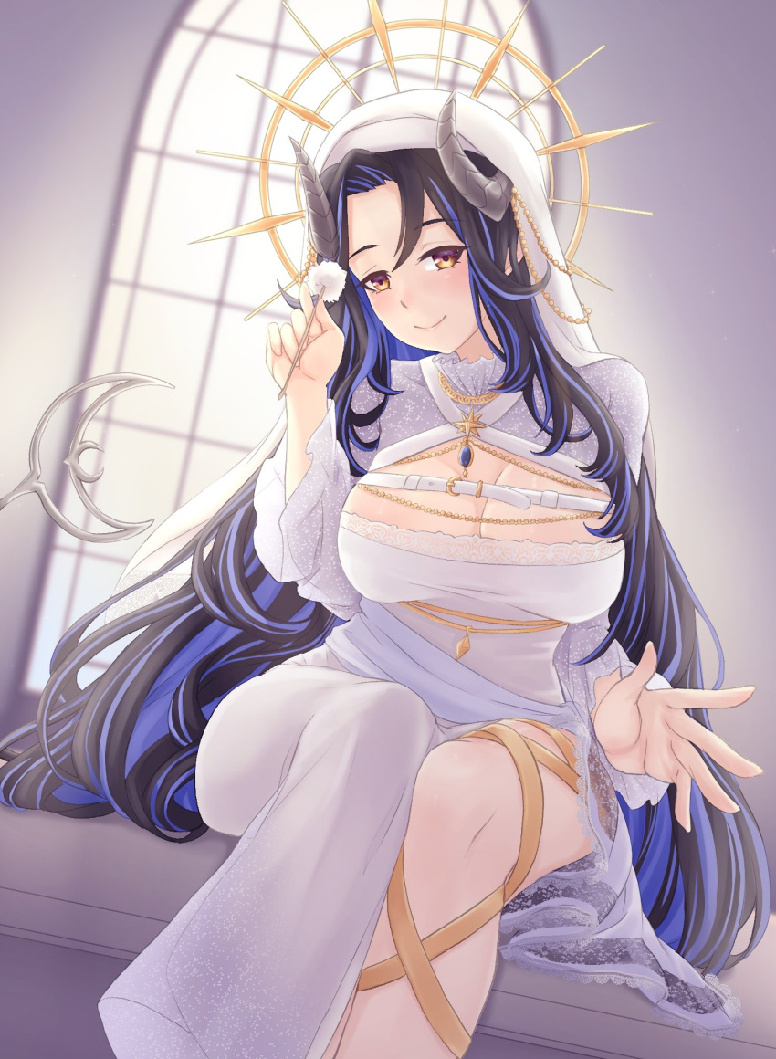 1girl belt black_gemstone black_hair blue_hair blush breasts brown_eyes chest_belt cleavage cleavage_cutout closed_mouth clothing_cutout commentary_request curled_horns demon_girl demon_horns demon_tail dress dutch_angle feet_out_of_frame grey_horns halo hebiyoi_tier hebiyoi_tier_(2nd_costume) highres horns lace_sleeves large_breasts leg_ribbon long_hair looking_at_viewer mimikaki multicolored_hair nanashi_inc. nun other5555 ribbon sidelocks smile solo tail two-tone_hair very_long_hair virtual_youtuber white_belt white_dress window yellow_bag yellow_halo