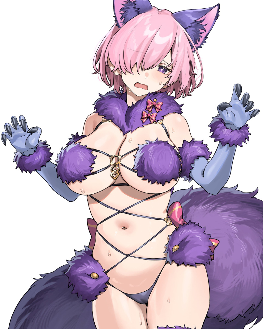 1girl absurdres animal_ears aochoku blush breasts elbow_gloves fate/grand_order fate_(series) fur-trimmed_gloves fur-trimmed_legwear fur_bikini fur_collar fur_trim gloves hair_over_one_eye halloween_costume highres lace-trimmed_legwear lace_trim large_breasts looking_at_viewer mash_kyrielight mash_kyrielight_(dangerous_beast) navel o-ring o-ring_top open_mouth pink_hair purple_eyes purple_gloves purple_tail revealing_clothes shiny_skin short_hair simple_background solo standing sweat tail thighhighs white_background wolf_ears wolf_tail