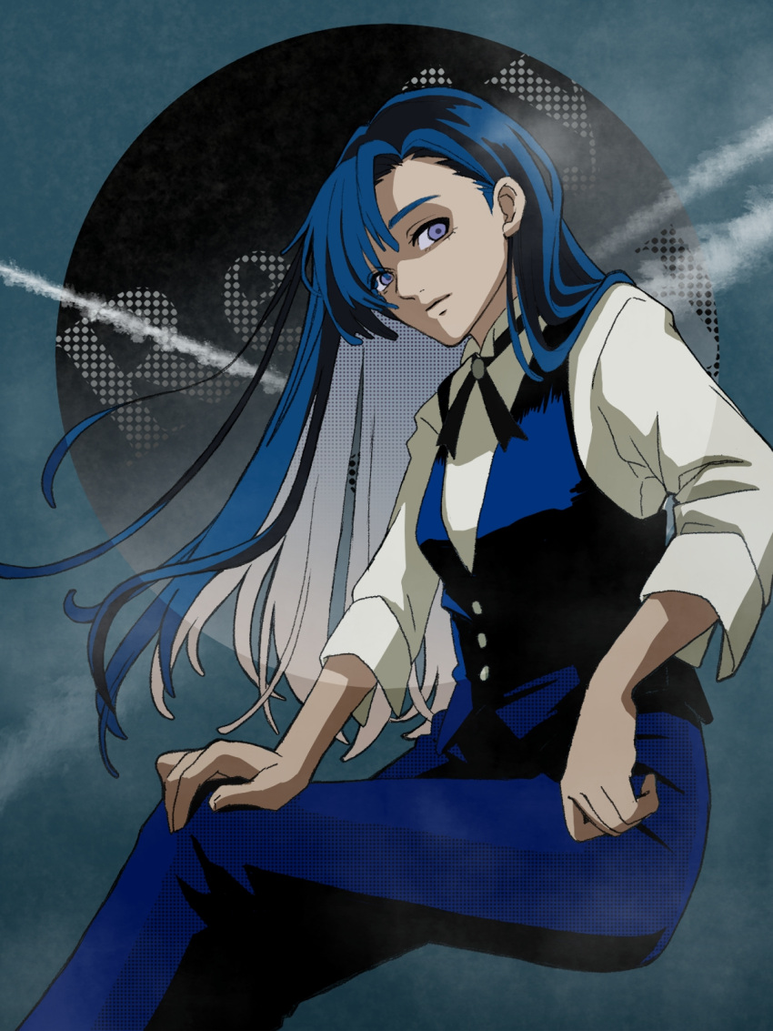 1girl ado_(utaite) arm_at_side asymmetrical_bangs blue_eyes blue_hair blue_pants blue_vest closed_mouth cowboy_shot expressionless feet_out_of_frame formal from_side hair_over_one_eye halftone_texture hand_on_own_knee highres hisui_(38b_48b) invisible_chair long_hair looking_at_viewer merry_(readymade) pants parted_lips purple_eyes readymade shirt sitting solo song_name vest white_shirt