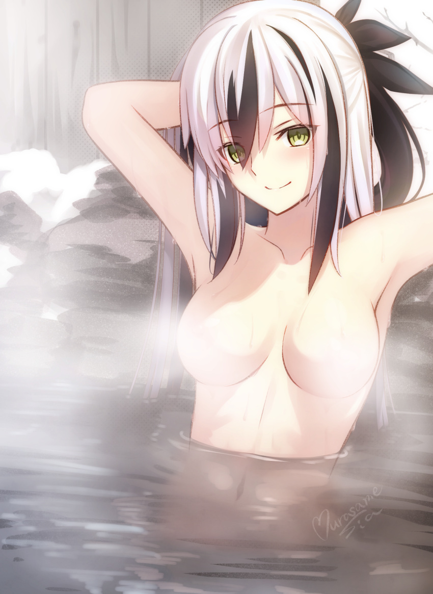 1girl arm_behind_head armpits arms_up black_hair breasts brown_eyes closed_mouth collarbone commentary_request convenient_censoring fate/grand_order fate_(series) hair_between_eyes highres long_hair medium_breasts multicolored_hair murasame_shia nagao_kagetora_(fate) nude onsen partially_submerged smile solo steam steam_censor streaked_hair upper_body water white_hair