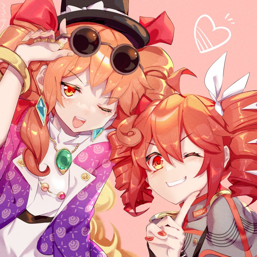 2girls adjusting_eyewear bangle bow bracelet coat dress drill_hair earrings eyewear_on_head finger_to_own_chin grey_jacket hat highres jacket jewelry kasane_teto kasane_teto_(sv) looking_at_viewer multiple_girls necklace one_eye_closed open_mouth orange_eyes orange_hair pink_background purple_coat red_eyes red_hair red_nails red_ribbon ribbon ring shoulder_boards synthesizer_v top_hat touhou twin_drills utau white_bow white_dress yorigami_jo'on yyxw5385