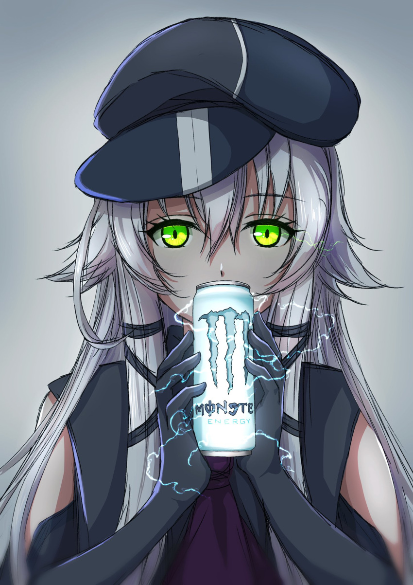 1girl altina_orion ascot cabbie_hat can eiyuu_densetsu elbow_gloves electricity energy_drink gloves green_eyes grey_background grey_gloves grey_headwear hair_between_eyes hat highres holding holding_can konohannunopencil looking_at_viewer monster_energy purple_ascot sen_no_kiseki sen_no_kiseki_iii simple_background solo upper_body white_hair