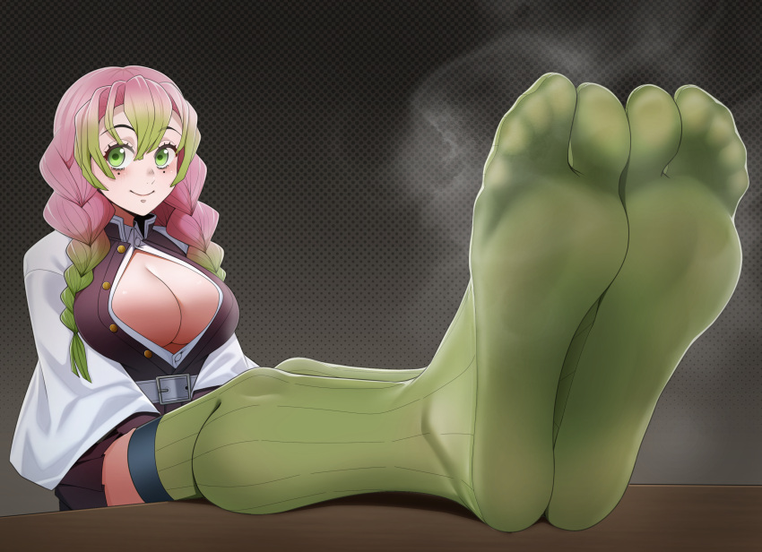 1girl absurdres braid breasts closed_mouth commission demon_slayer_uniform eyelashes feet feet_on_table foot_focus foreshortening full_body gradient_hair green_eyes green_hair green_thighhighs grey_background hair_between_eyes hair_over_shoulder haori highres japanese_clothes kanroji_mitsuri kimetsu_no_yaiba large_breasts legs long_sleeves looking_at_viewer multicolored_hair no_shoes partially_unbuttoned pink_hair pleated_skirt ribbed_thighhighs sitting skirt smell smile soles solo steaming_body tabi thighhighs toes tsa twin_braids two-tone_hair