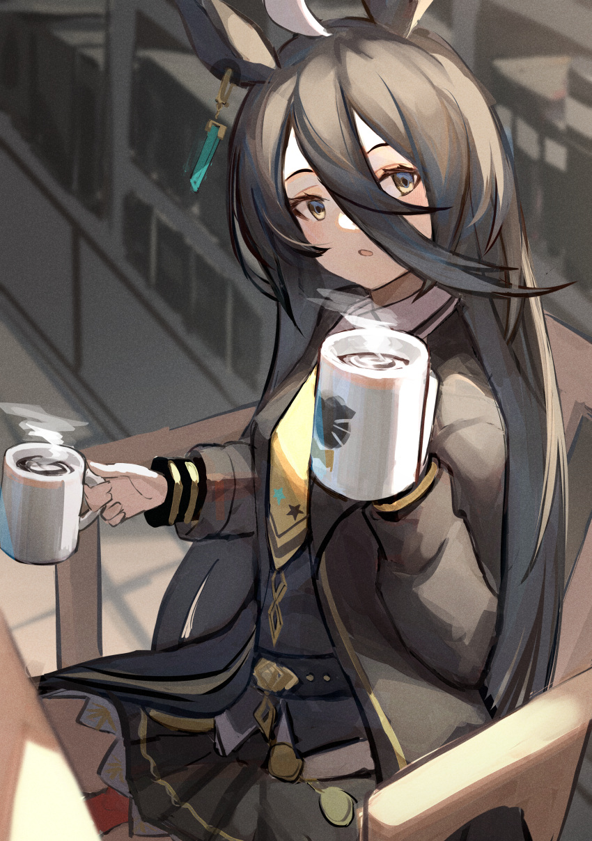 1girl absurdres ahoge animal_ears black_hair black_jacket black_shirt black_skirt coffee_mug collared_shirt commentary_request cup earrings hair_between_eyes highres holding holding_cup horse_ears horse_girl indoors jacket jewelry long_hair long_sleeves looking_at_viewer manhattan_cafe_(umamusume) mug multicolored_hair necktie no_gloves no_legwear on_chair open_clothes open_jacket open_mouth pleated_skirt shirt siena_(moratoriummaga) single_earring sitting skirt solo streaked_hair umamusume white_hair wooden_chair yellow_eyes yellow_necktie